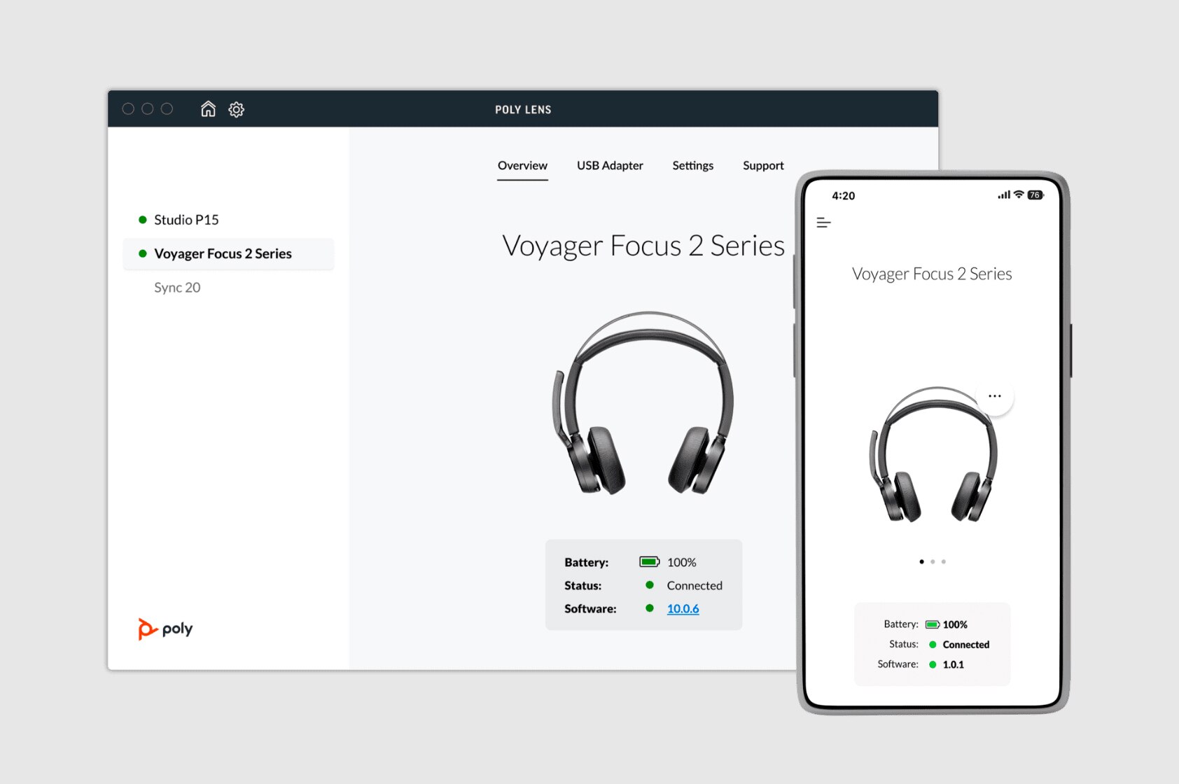 Poly App image showing information about the Voyager Focus 2 Series